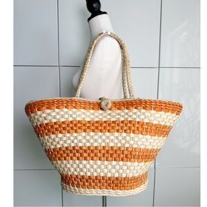 J. Crew Raffia Basket Bag Orange Natural Stripe Button Closure Fabric Lined